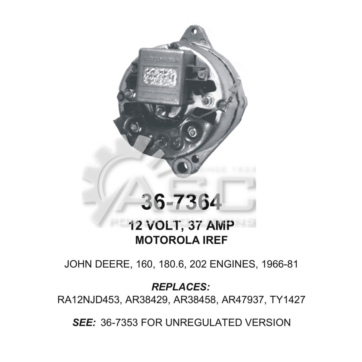 A161077_ASC, Alternator, 12V, 37 Amp, IR, EF, Motorola, Reman